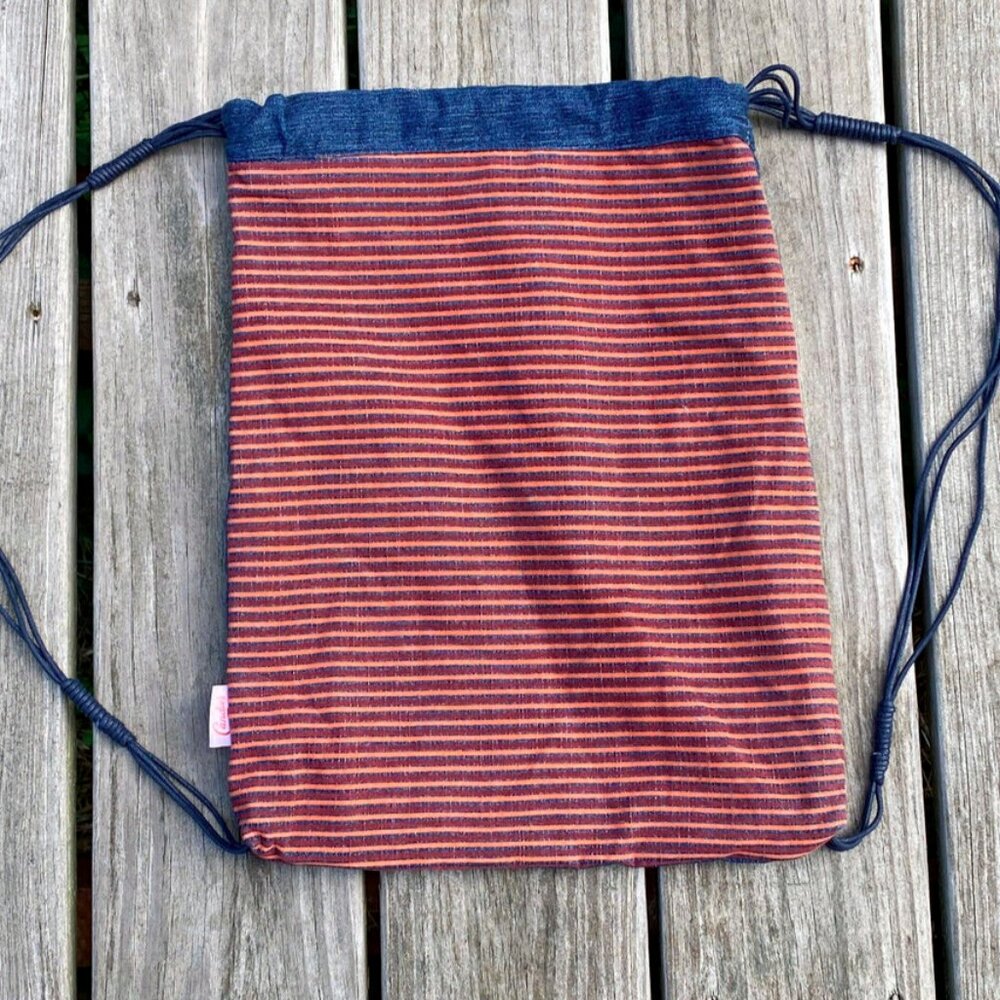 Vintage Candies Brand Sackpack Drawstring Bag Boho Striped Blue Backed Back Pack
